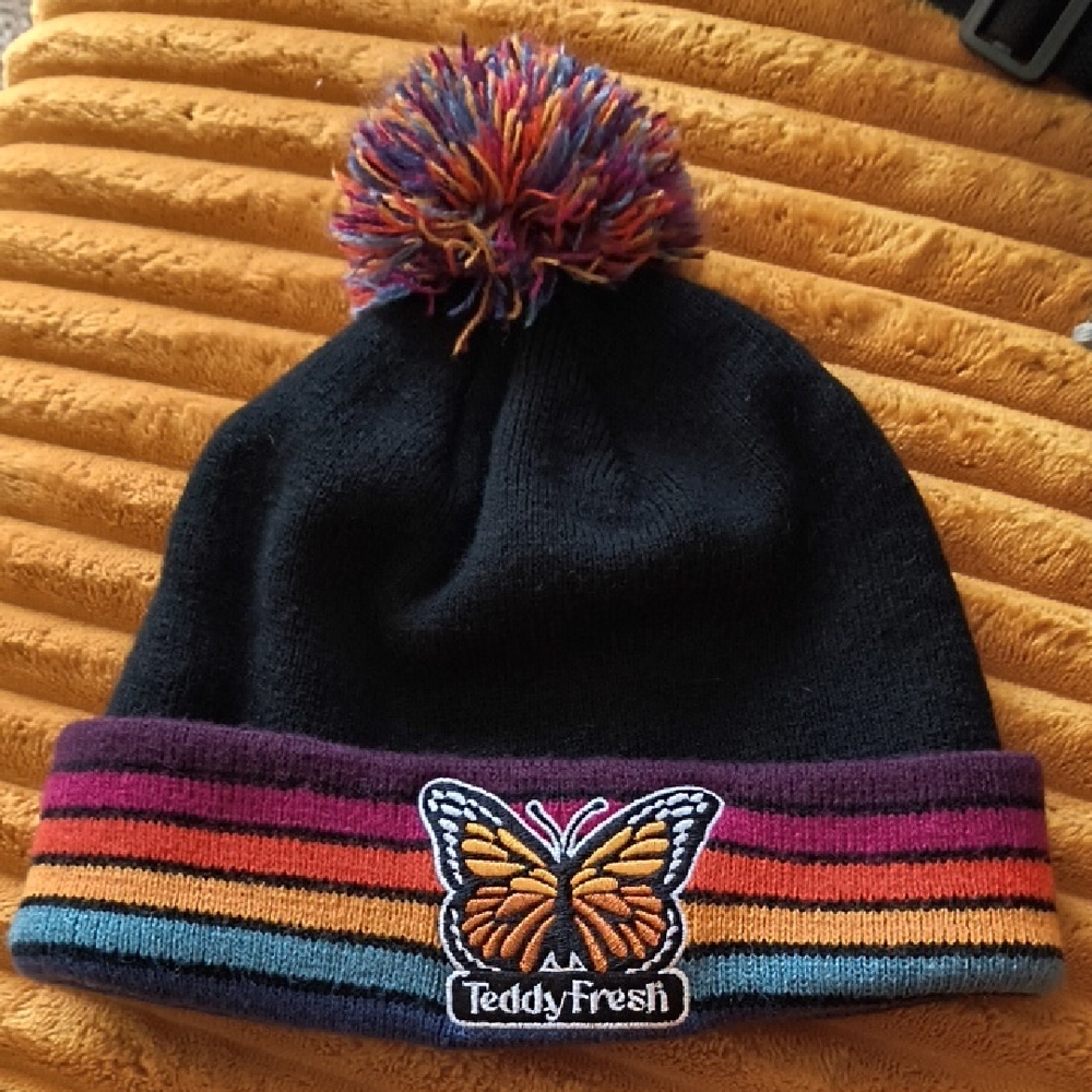 Teddy Fresh Kids Black Beanie with Multicolor Pom & Striped Cuff